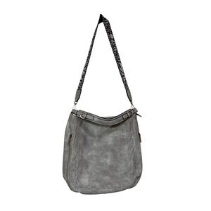 JEN & CO Gray Aris Vegan Hobo Shoulder Bag Woven Trim Detachable Strap Crossbody